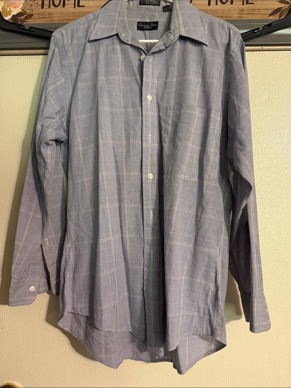 Vintage Dior Men's Blue Windowpane Button-Up Dress Shirt
